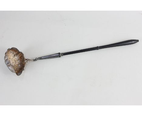 A George II silver toddy ladle, maker John Pollock, London 1749, with embossed floral scroll design and turned wood handle, 3
