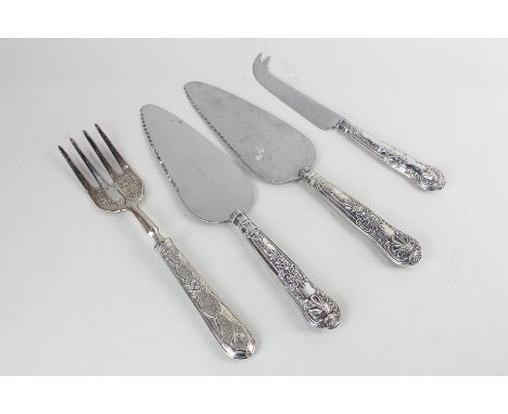 A matched pair of George VI and later silver mounted Kings pattern cake slices and a similar cheese knife, together with a wh