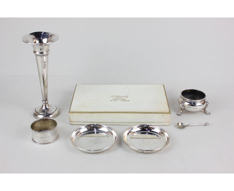 A George V silver cauldron salt, maker Goldsmiths & Silversmiths Co Ltd, London 1931, a pair of silver dishes, maker R B Wigf