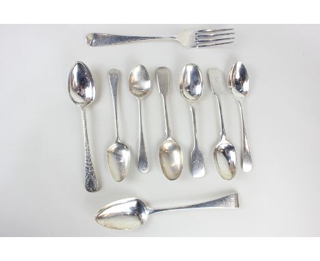 A collection of George III and later silver cutlery to include a dessert spoon, fork, an engraved christening teaspoon, and s