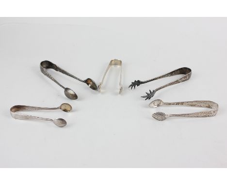 A collection of five Victorian and later silver sugar tongs, Levi & Salaman 1900; Robert Pringle & Sons 1901; J Sherwood & So