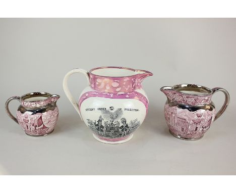 A 19th century pink lustre ware porcelain jug depicting a west view of the cast iron bridge over the River Wear, built by R B