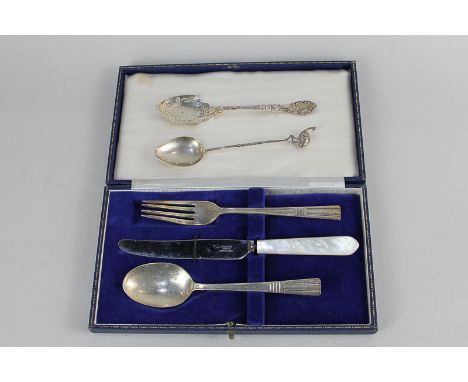 An Elizabeth II silver and mother of pearl cased christening set of knife, fork and spoon, maker Turner & Simpson Ltd, Birmin