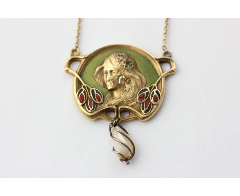 A gold, enamel and pearl Art Nouveau pendant set with a diamond and emerald, and hung with a pearl