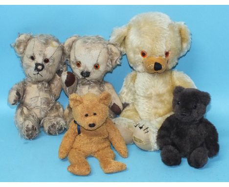 Merrythought, 'Cheeky' bear, no bells in ears, 32cm, two very worn Chad Valley 'Toffee' bears, 24cm and two other small teddy