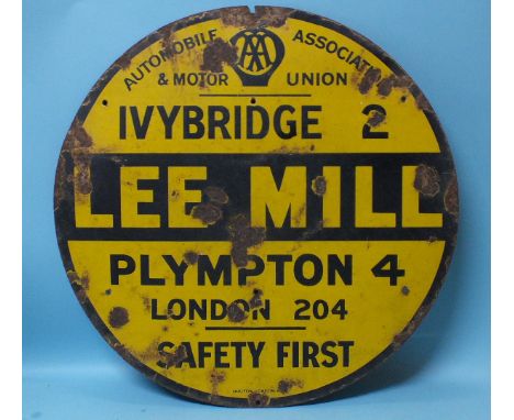 An AA circular enamel road sign "Ivybridge 2, Lee Mill, Plympton 4, London 204, Safety First", 76cm diameter.