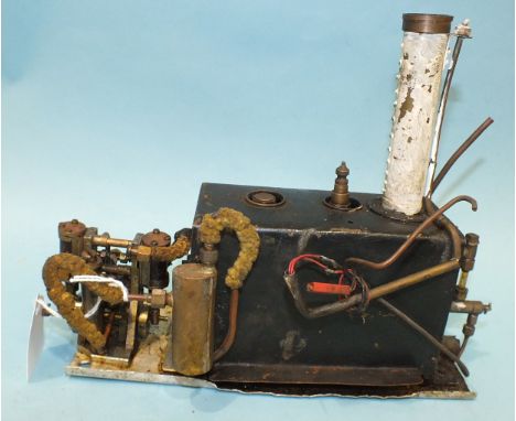 A small live steam horizontal stationary engine with twin pistons, base 8.5 x 23.5cm, (untested).