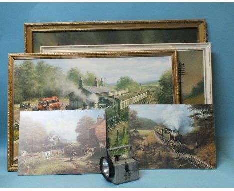 A British Rail chloride lamp and five railway prints after Don Breckon and Barrie A F Clark.