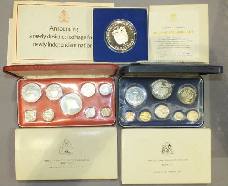 A Franklin Mint 1973 First National Coinage of Barbados Proof Set, a 1974 Commonwealth of the Bahamas Proof Set and a sterlin