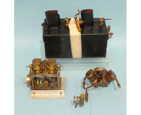 Parts of a live steam horizontal stationary engine, comprising brass boiler and two twin-piston units, boiler 20cm long, (unt