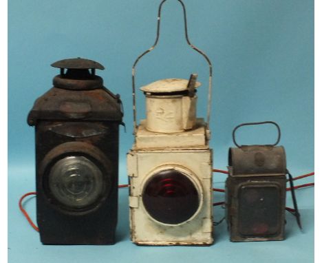 An electrified Adlake no.22 railway lamp, an electrified British Rail lamp and a "Scout" lamp, (3).