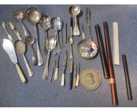 Mixed silver plated flatware, mainly spoons, fish knives and others, a 1937 Coronation souvenir tin and contents, treen baton