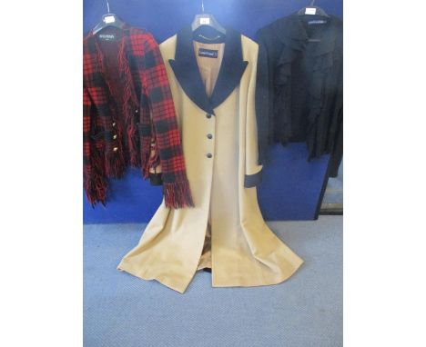 A late 20th century Louis Feraud ladies camel wool, full length coat in tan with black cuff panels and collar and pocket trim