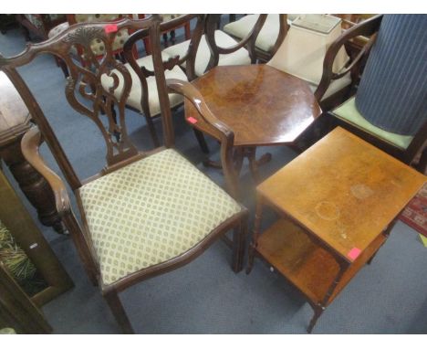 An early 20th century mahogany Chippendale style carver, together with a two tier yew wood table, a yew octagonal topped occa