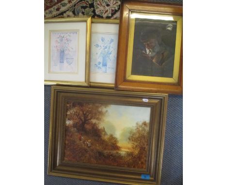 Mixed pictures to include a Keith Jones oil on panel, circa 1900 oil depicting an old man smoking a pipe and two Anna Hall pr