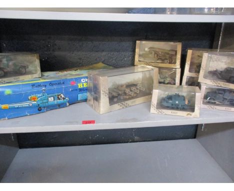 Atlas military related diecast vehicles and a vintage Chop Chop helicopter in original box 