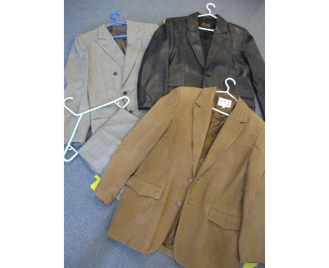 A Harrods by Chester Barrie gents 2 piece grey suit, 42" chest x 34" waist, a Scully gents black leather jacket, 42" chest an