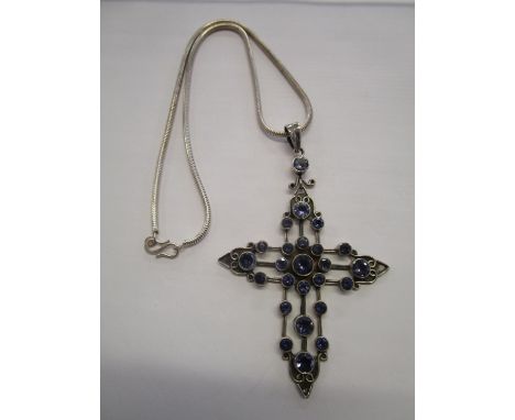 A 925 silver pendant cross set with amethyst coloured stones on a 925 silver necklace 