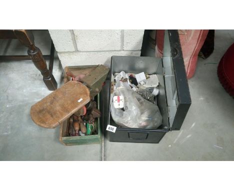 A tin box and contents and a wooden box and tools