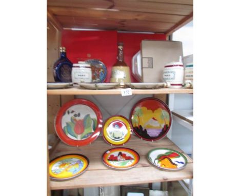 2 chargers and 4 plates of Wedgwood Clarice Cliff ware, 4 Royal Worcester 'Legends of the Nile' plates, 3 Wade spirit barrels