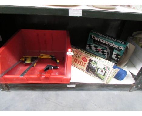 A caravan mirror, tools etc