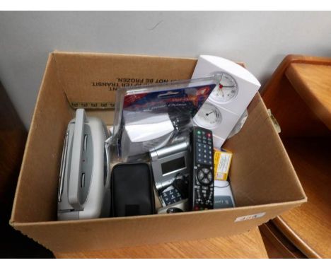 A box of miscellaneous including clock, radio etc