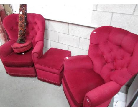 A pair of armchairs, a pouffe and a foot stool
