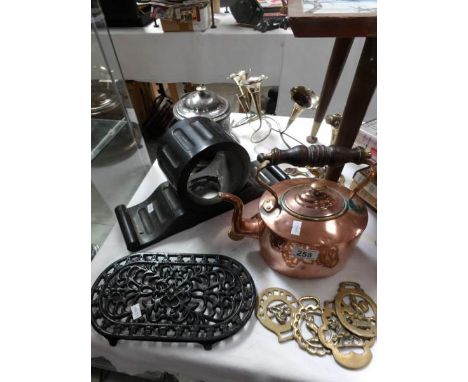 A Victorian copper kettle, an art nouveau silver plated epergne and other items
