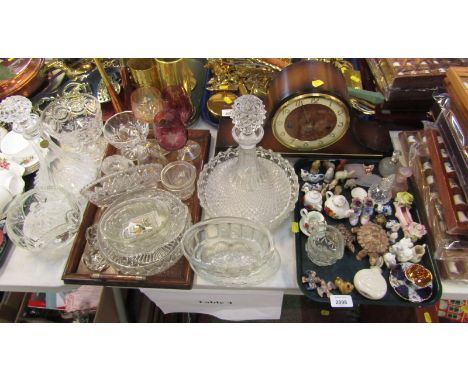 Glasswares, two decanters, jelly mould, wine glasses, small group of Wade Whimsie figures, miniature ornaments, and an oak ca