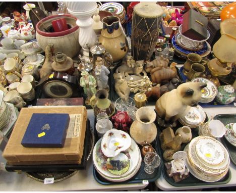 Household china and effects, comprising wooden mantel clock, oil lamp, silver plated wares, Continental porcelain figures, ca