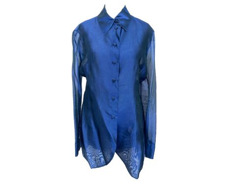 An Alberta Ferretti sheer silk shirt, in a blue shot silk chiffon, with dagger collar and rounded front, UK size 12