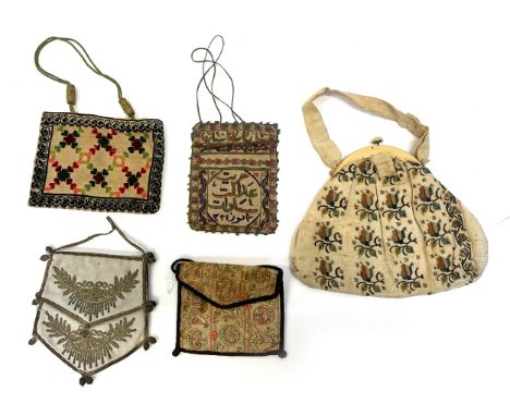 Five late 19th/early 20th century reticules, to include Argentinian wirework embroidery, c.1901 (bottom left)