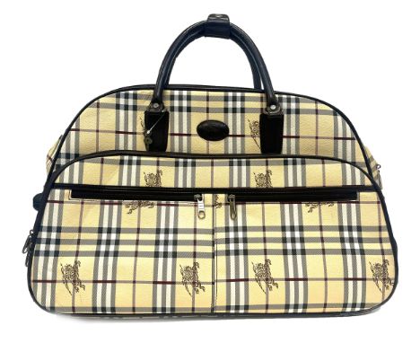A large Burberry holdall in Nova Check and Equestrian Knight print, with three external zip pockets, two wheels, and padlock 