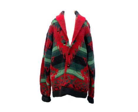 A hand knit Polo by Ralph Lauren cardigan with shawl collar in colour-work geometric pattern