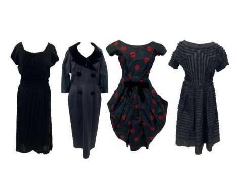 A lot of 1960s dark occasion dresses, to include black silk dress with poppy print (in need of proper tacking to back), appro