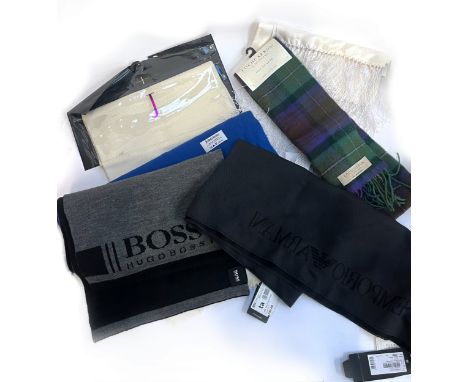 A quantity of mens scarves, to include 100% wool Emporio Armani scarf, new with tags, Hugo Boss wool blend knit scarf with ta