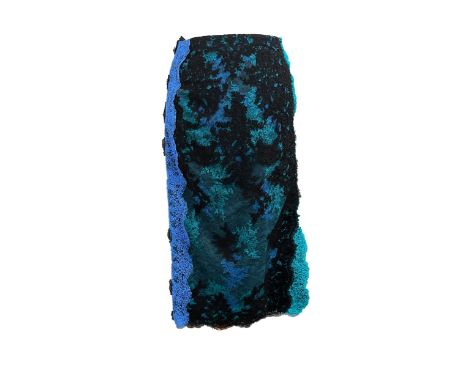 A Viva Vox blue and black lace pencil skirt, made with layers of multicoloured lace, ladies size 38, waist approx 26", togeth