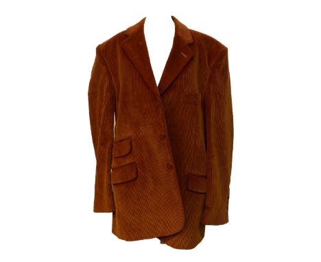 A Cordings of Piccadilly burnt orange corduroy suit, size 42R, trousers with button fly and side fastenings, inside leg appro