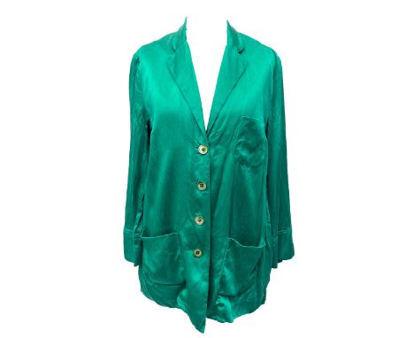 1980s Joseph green silk shirt/shacket with external patch pockets, women's size 38
