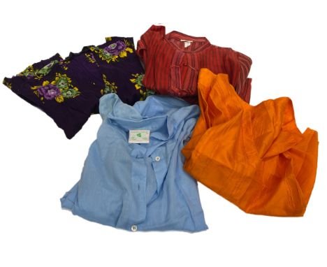 A lot of four light summer silk ladies shirts, to include striped silk, deep purple floral shirt, etc