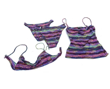 A Missoni purple stripe swim set, to include vest top, tie bikini top, and two bikini bottoms, one with sanitary sticker,