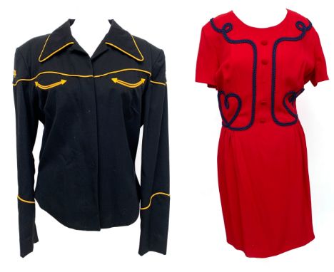 A Norma Kamali black jacket with yellow cording, size 44, together with a Moschino red dress with blue cording, one button mi