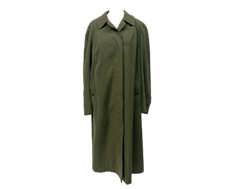 A Burberry women's gabardine car coat in olive green, 100% wool with Burella coating, single-breasted green button closure, s