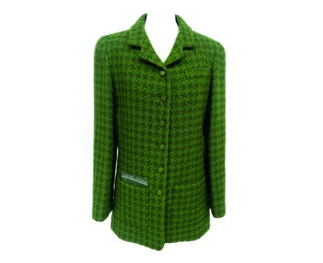 A 1995 Autumn collection Chanel moss green wool jacket in loosely woven dogtooth, fitted style, green and gold toned CC embos
