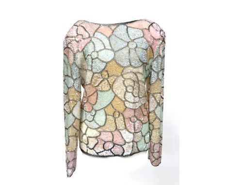 A Black Tie Oleg Cassini sequin and beaded top, iridescent sequins in a floral pattern stitched onto silk, with shoulder pads