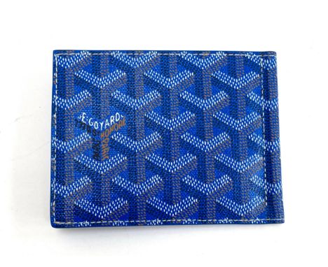 A Goyard Paris Saint-Thomas Bill Fold wallet in blue, opening to six card slots and a central articulated money clip, 11.7cmW