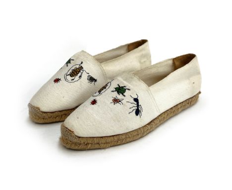 A pair of Hermes espadrilles with insect embroidery, cream cloth with jute soles, leather insole, EU size 40
