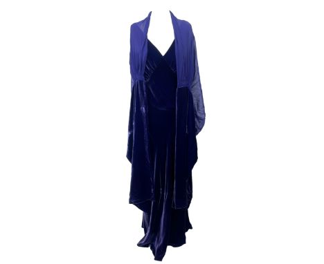An Amanda Wakeley silk velvet full length evening dress in purple, bias cut with gathered bust, asymmetric wrap back, straps 