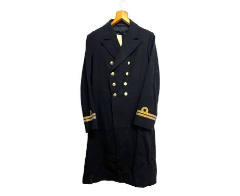 Royal Navy No1 full dress uniform, long overcoat, jacket, trousers; together with gold thread shoulder boards and belts, AF