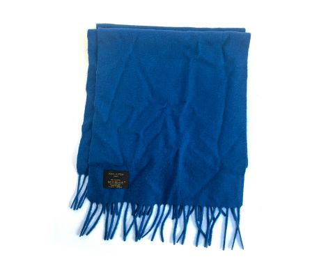 A Louis Vuitton brushed cashmere mens scarf in cerulean blue, with tassel fringe and embroidered LV logo, 73" length, 12.5" w